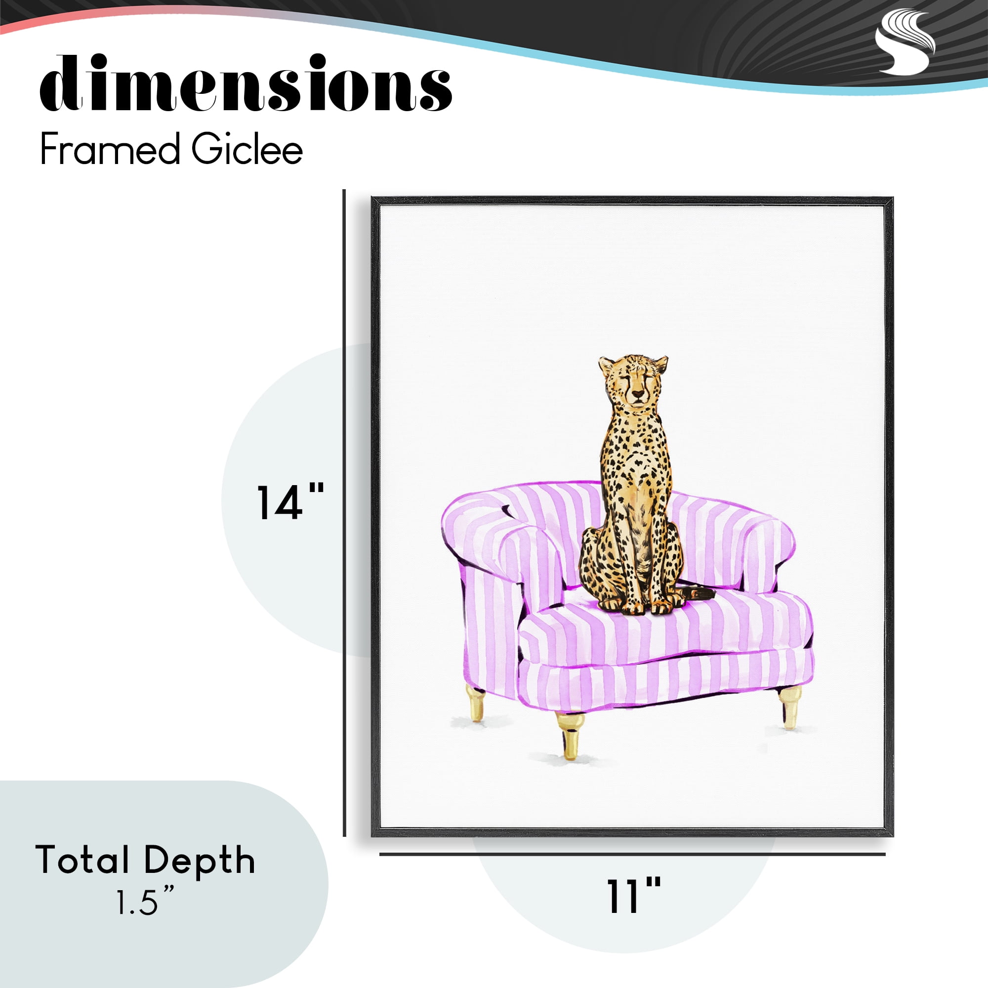 Cheetah on Pink Stripe Chair Black Framed Giclee Art, design by Ziwei Li