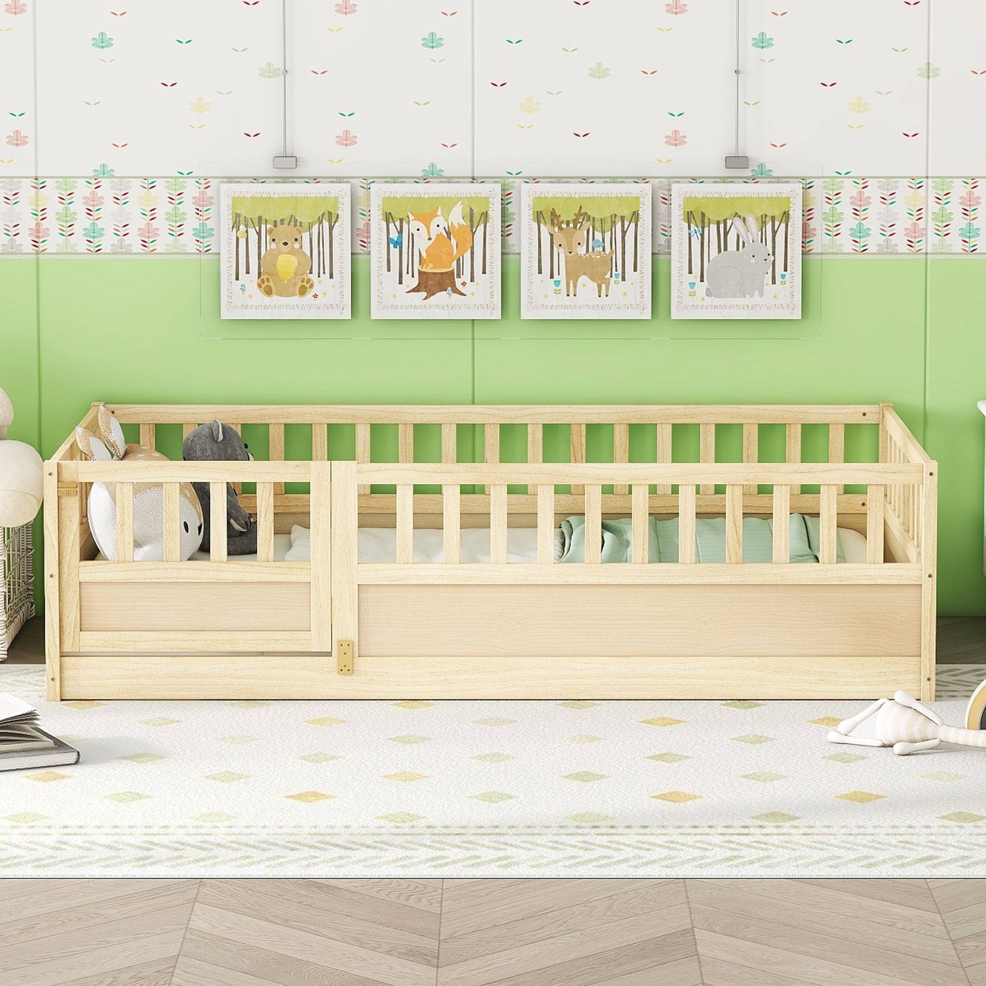 Floor Bed, Low-Profile Bed Frame, Twin Size Bed with Integrated High Safety Barrier and Door, Solid Pine Wood Construction, for Home Use, Natural Wood