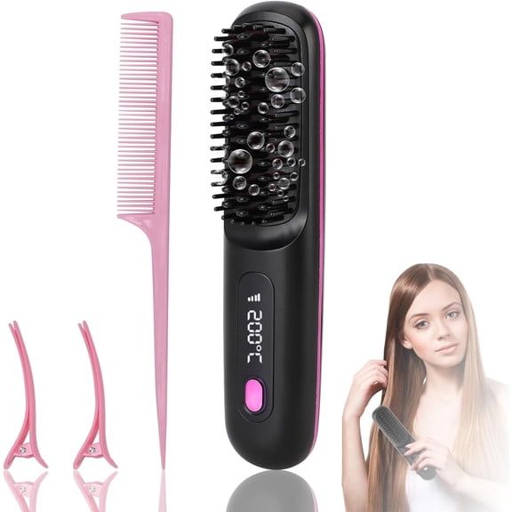 Hair Straightener Brush, Cordless Portable Hair Straightener, Negative Ion Hair Straightener Comb with 3 Heating, Anti-Scald Hair Brush Straightener with LED Display, 2000mAh Battery for Thick Hair