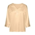 thumbnail image 5 of Women's Satin Tops Dressy Casual V Neck Blouses Silk Shirt 3/4 Sleeve Solid Color Spring Summer Loose Fit Tees (XL, Gold), 5 of 6