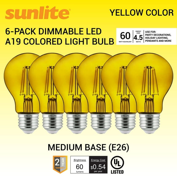 Sunlite LED Filament A19 Yellow E26 Base 4.5W (60W Equivalent) Dimmable Light Bulb, 6 Count