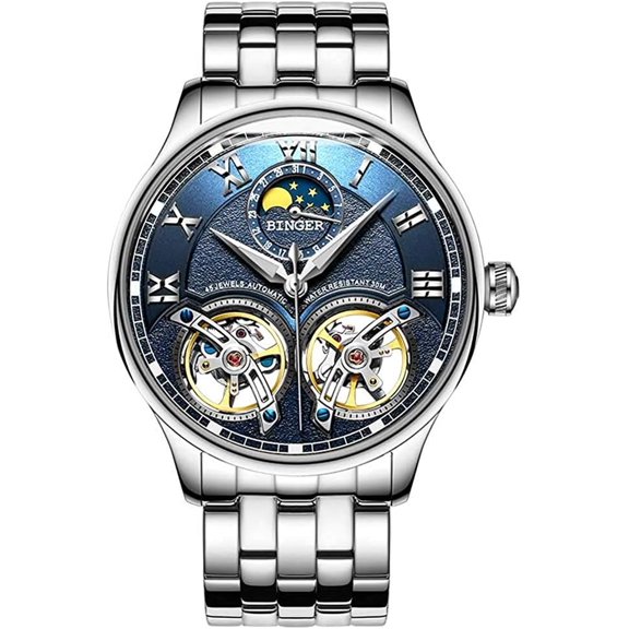 Luxury Mens Watches Skeleton Automatic Mechanical Wrist Watch Stainless Steel Band with Double Tourbillon