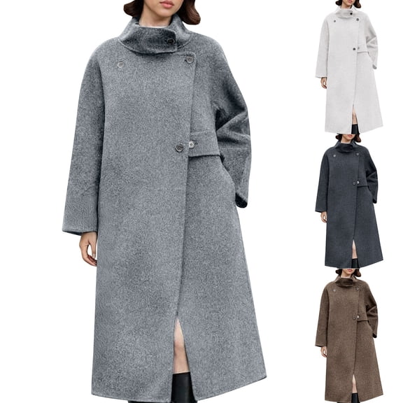 XPMWRP Women High Funnel Collar Asymmetric Button Wool Blend Long Coat Loose Warm Winter Outerwear Jacket White XL