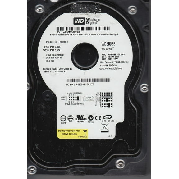 WD800BB-00JKC0, DCM DSBHYTJAH, Western Digital 80GB IDE 3.5 Hard Drive