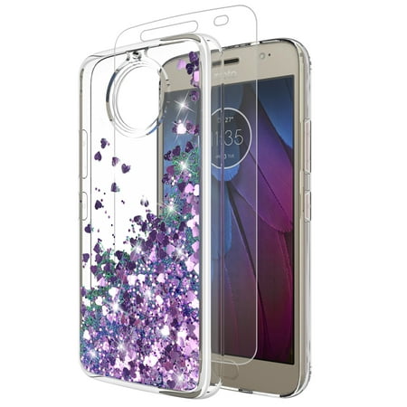 Moto G5S Plus Case (With tempered glass screen protector),Cute Sparkly Shiny Glitter Bling Luxury Fashion Liquid Quicksand for Girl Soft Clear TPU Cover For MOTOROLA MOTO G5S PLUS (PURPLE)