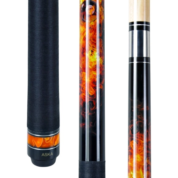 ASKA Fireball Pool Cue 58" – Black Stained with Flame Graphic, 12.75mm Layered Tip, Canadian Maple Shaft, 5/16x18 Joint, Irish Linen Wrap