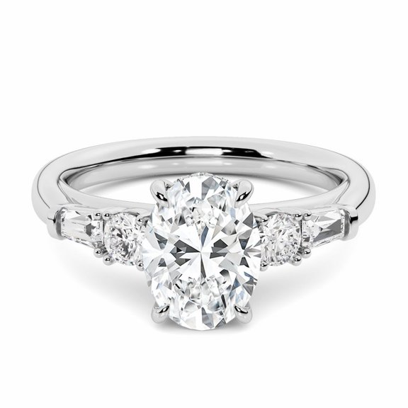 Alor Jewel 2 Ct Oval Cut Lab Created Diamond Ring - Elegant Three Stone With Side Baguette Design - Perfect White Gold Over 14K Wedding Jewelry for Her - Jewelry Silver Clearance Wedding Ring Set