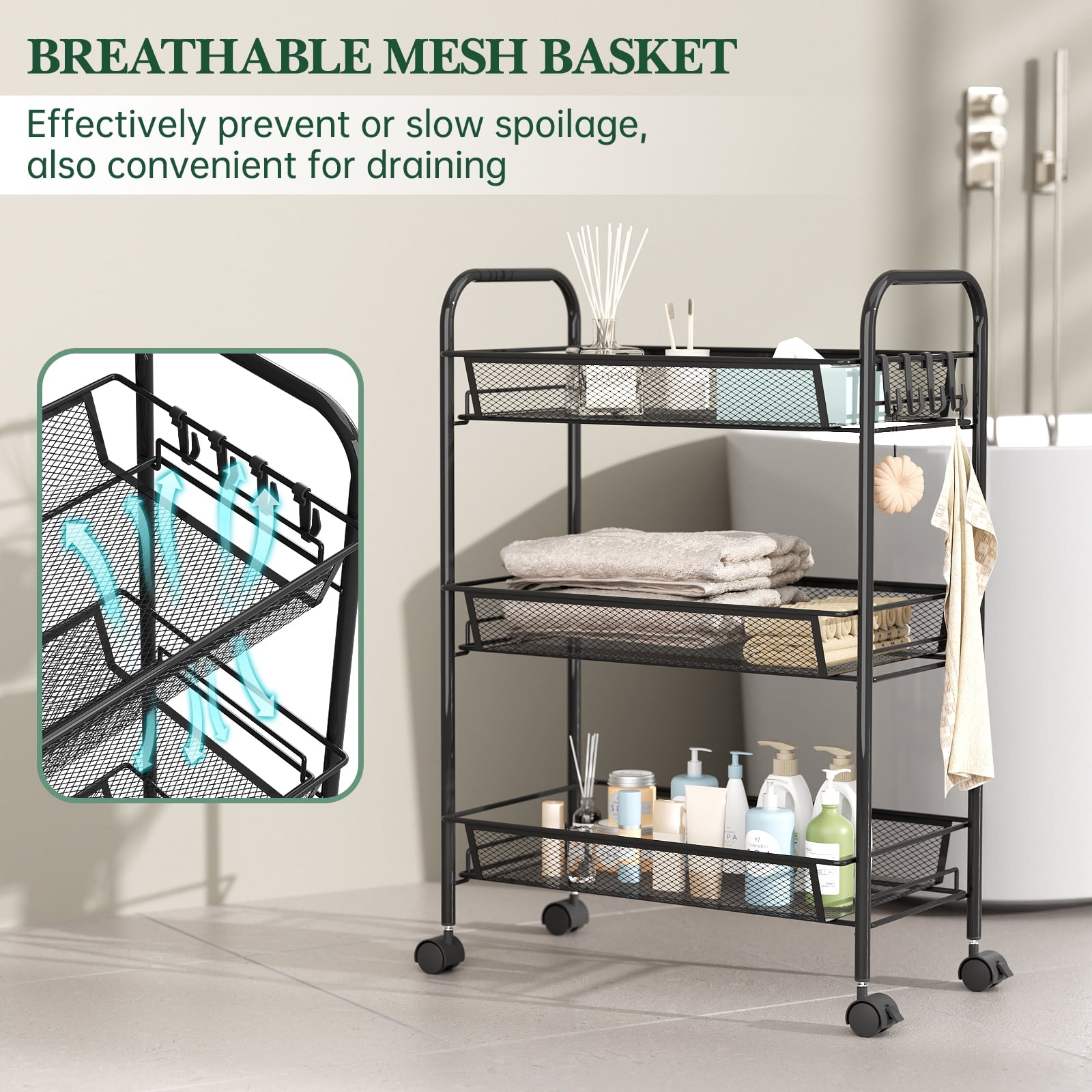3-Tier Metal Slim Rolling Storage Cart, Bathroom Storage Organizer Rolling Utility/ Mobile Shelving Unit Slide Out Mesh Storage Cart for Office, Bathroom, Kitchen, Laundry Room & Narrow Places, Black