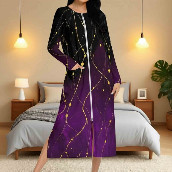 Aboser Zipper Front Robes for Women Long House Coat Trendy Tie Dyed Nightgown Loose Full Length Bathrobe Cozy Long Sleeve Sleepwear with Pockets