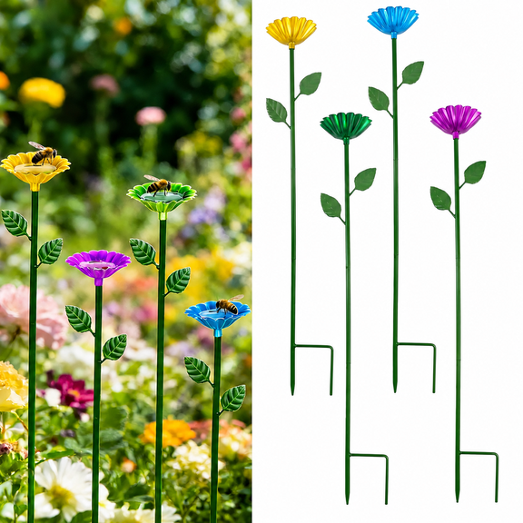 Metal Bee Watering Station - Colorful Flower Design Bee Bath Bowls for Garden,Outdoor Pollinator Decor,4 Pcs