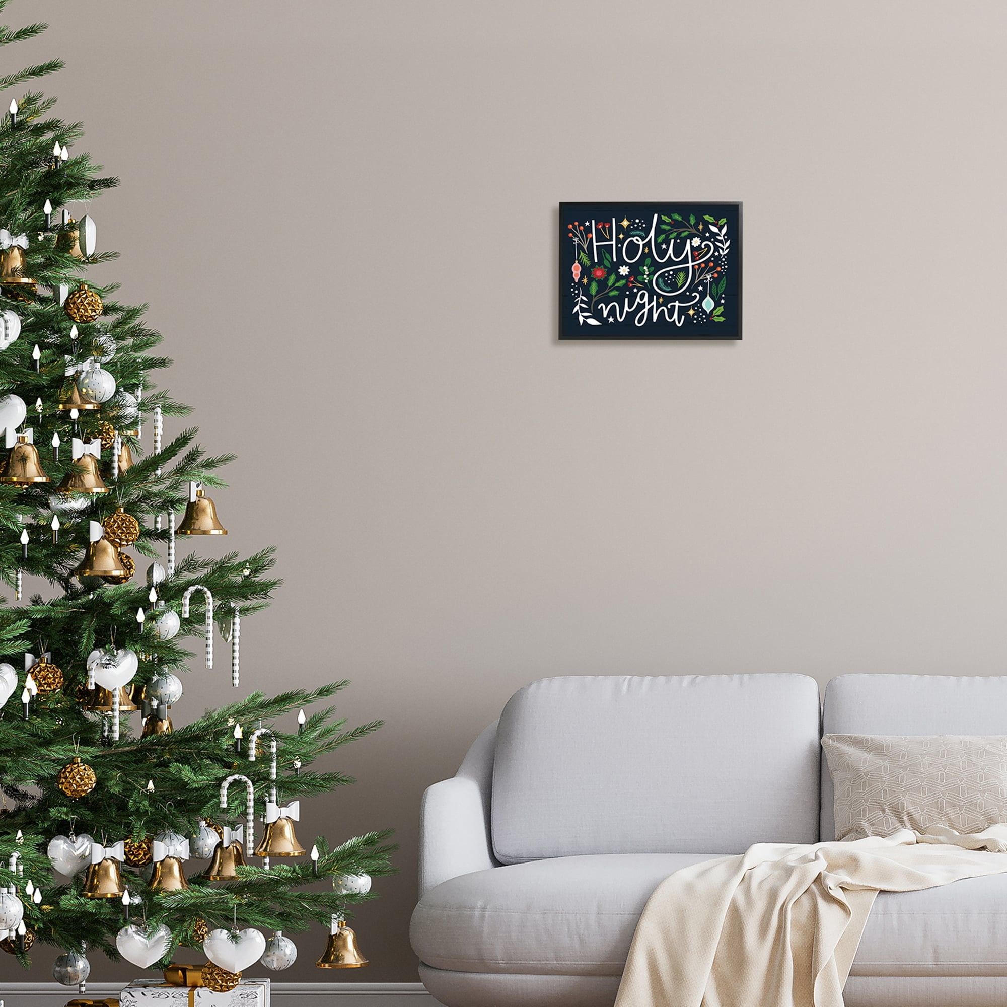 Stupell Industries Holy Night Modern Calligraphy Holiday Winter Botanicals Graphic Art Gray Framed Art Print Wall Art, Design by Louise Allen