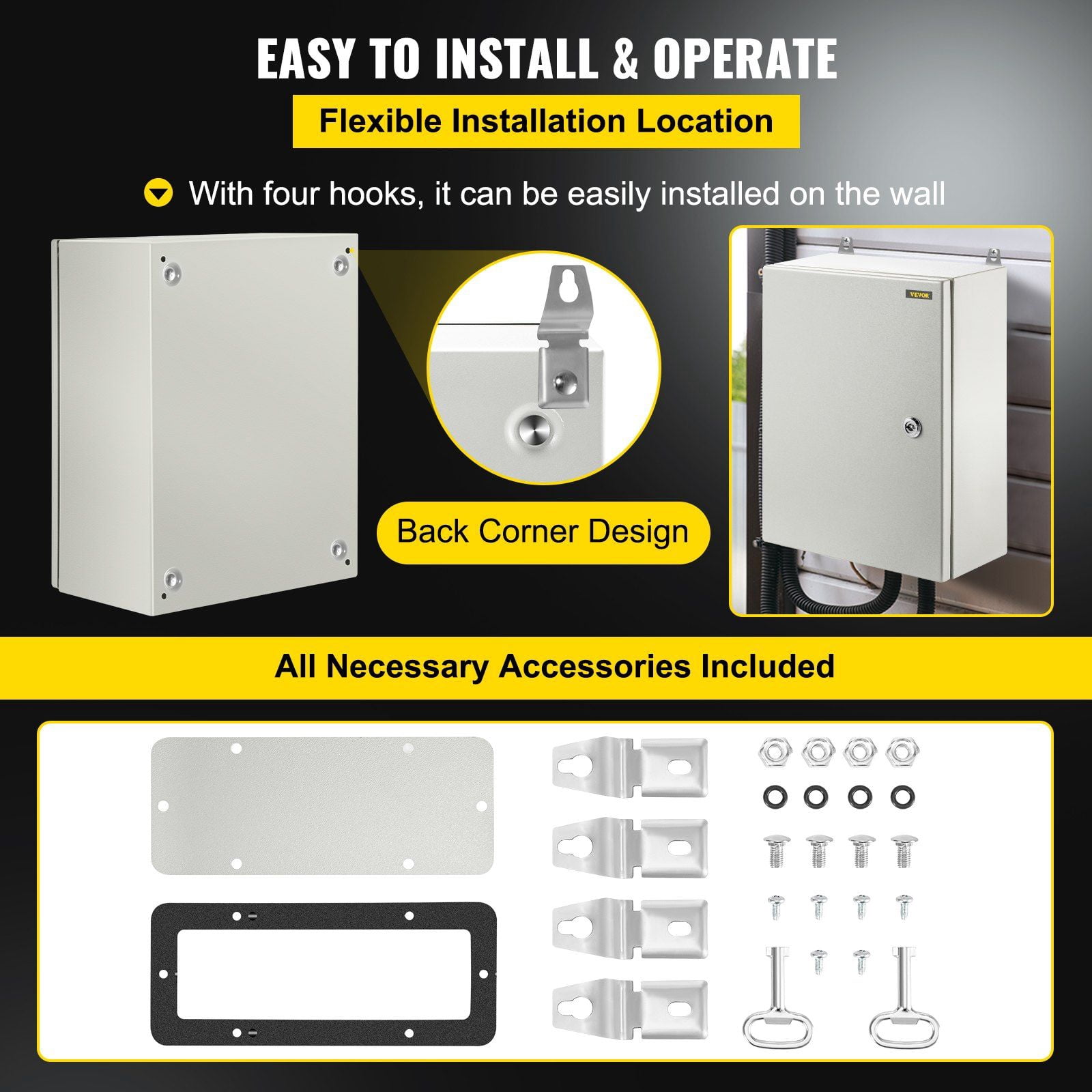 Carbon Steel Electrical Box 16x12x6 Inches Hinged Cover IP66 Waterproof Dust Resistant Outdoor Use with Mounting Plate