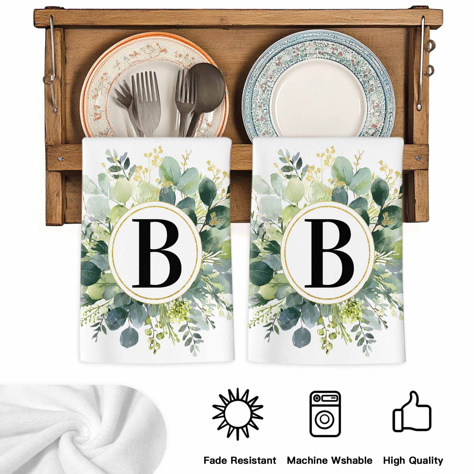 Dish Towels, Letter B Absorbent Kitchen Towels 2 PCS, Alphabet Green Eucalyptus Leaves Microfiber Hand Towels Dish Cloths Tea Towels for Home&nbsp;Bathroom Cleaning Drying,18X28-Inch,