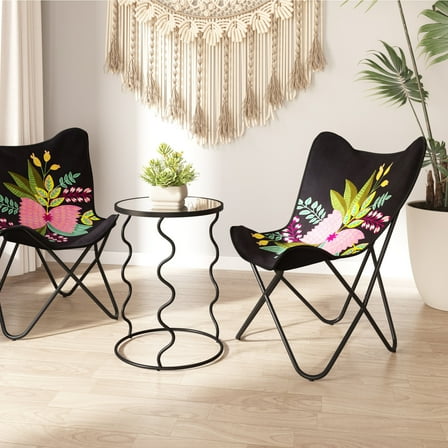 Bastia Side Table Black End Table, Modern Style, Mirror Glass round shape tabletop, Steel, Indoor Living