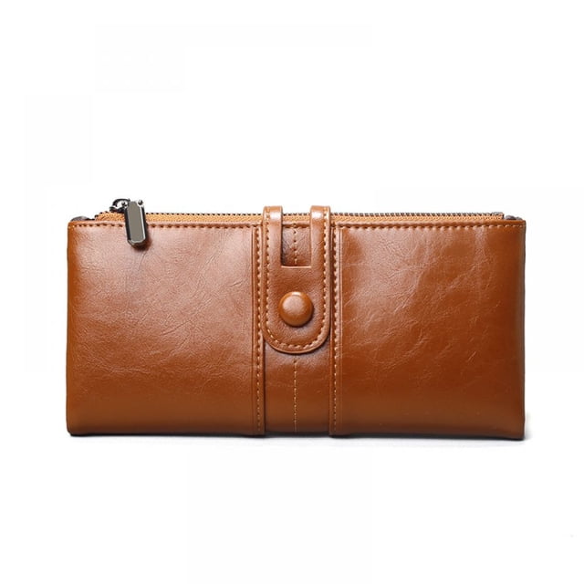 Cartera grande de piel vintage para mujer con protección RFID, muchos compartimentos, 13 compartimentos para tarjetas y bolsillo para el móvil, marrón