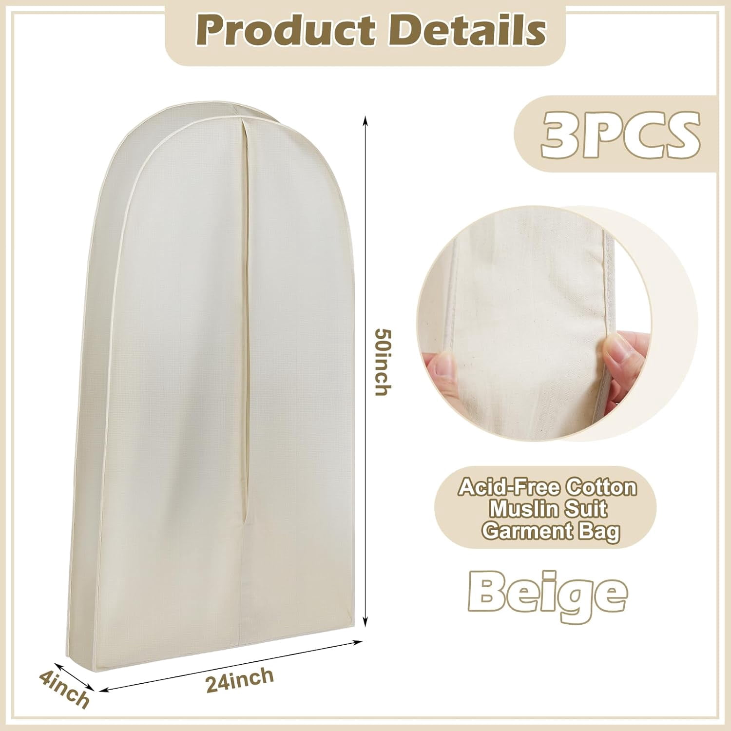 3 Pcs 50 Inch Acid Free Cotton Muslin Suit Garment Bag Long Dress Suit Storage Box Closet Organizer for Suits, Coats, Travel Bag