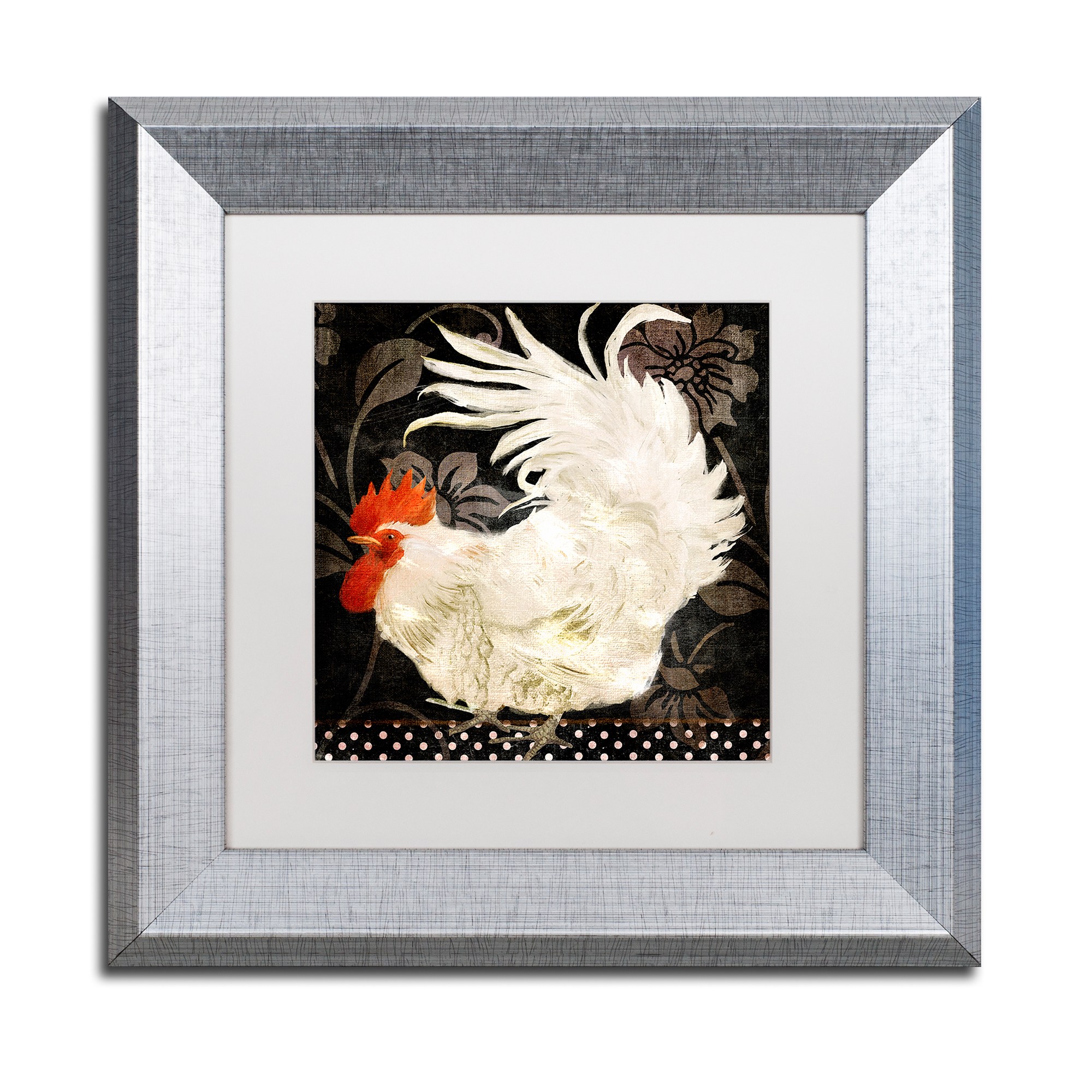 Trademark Fine Art "Rooster Damask I" Canvas Art by Color Bakery White Matte, Silver Frame