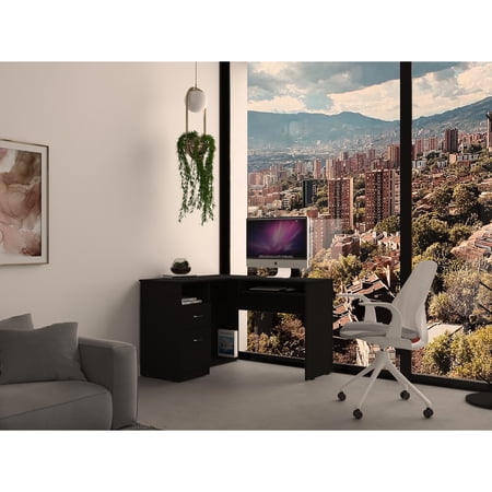 L-shaped Desk Black Color With Keyboard Tray Two Drawers Open Shelf Stable Structure Platform Desk Featuring One Solid Build