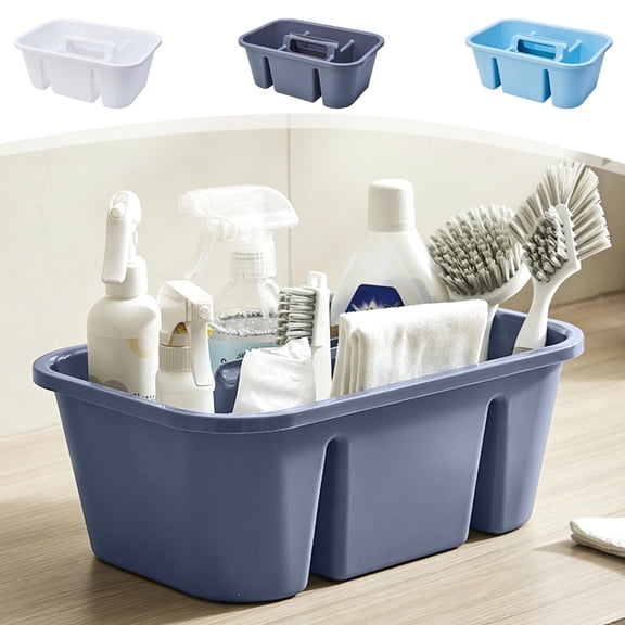 Multi Compartment Portable Plastic Divided Storage Tote with Handle, Sturdy Multipurpose Organizer Bin for Bathroom Cosmetic Kitchen Household Tool Craft Supplies Organization, Blue