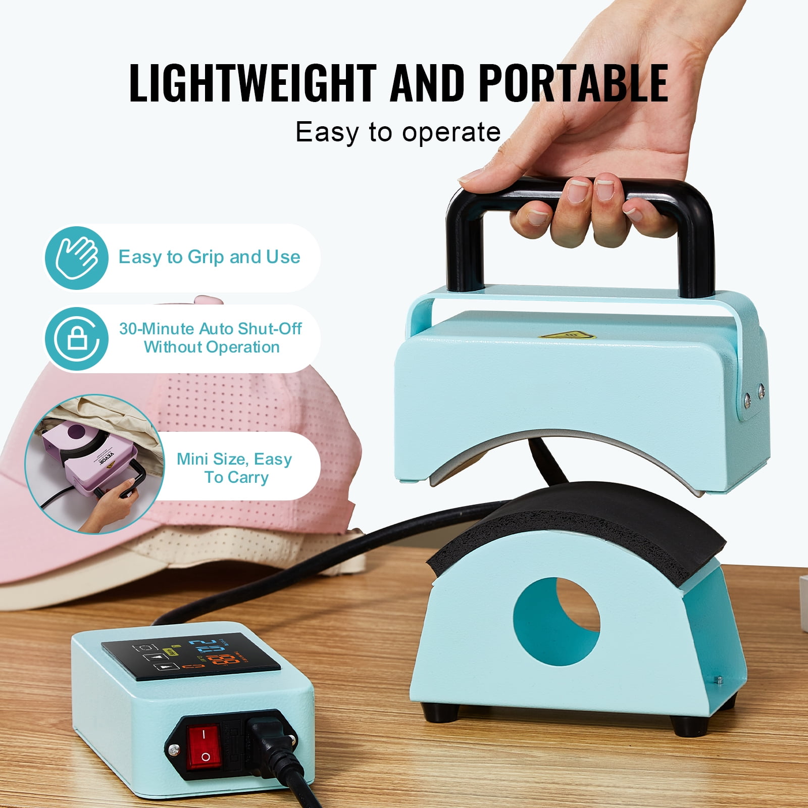 SKYSHALO Cap Press Device, Compact Cap Heating Tool with Built-in Controls, Features 5.9x3.15 inch Curved Heat Plate, Stable Stand & Glove, Auto Power-Off, Green
