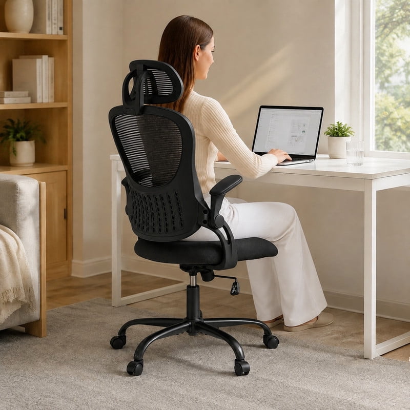 BEAUTYPEAK Ergonomic Office Chair High-Back Mesh Computer Desk Chair with Lumbar Support Adjustable Headrest Flip-Up Arms Wheels, Black