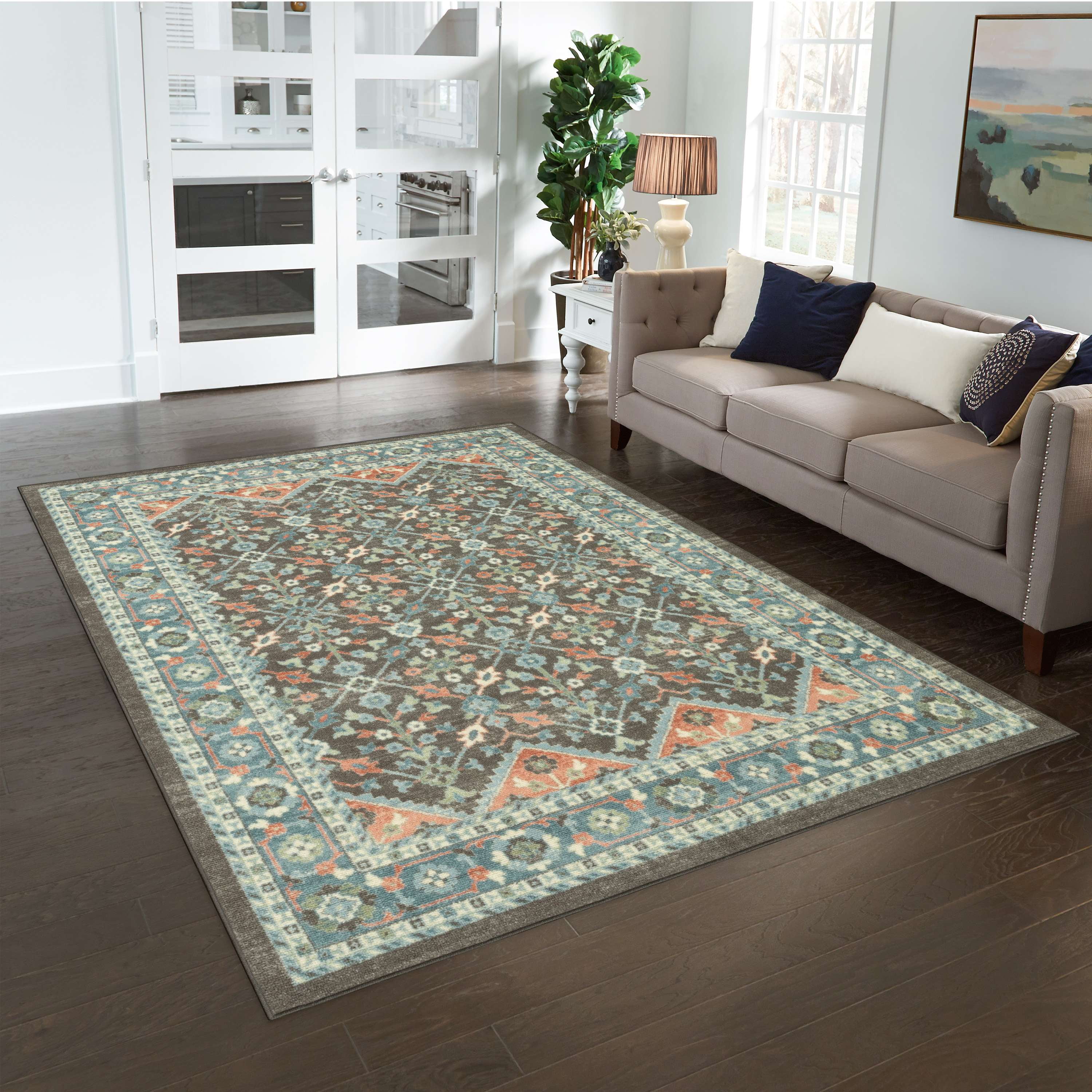 Mainstays Persian Border Medallion Loop Print Gray Aqua Indoor Area Rug, 7' x 10'