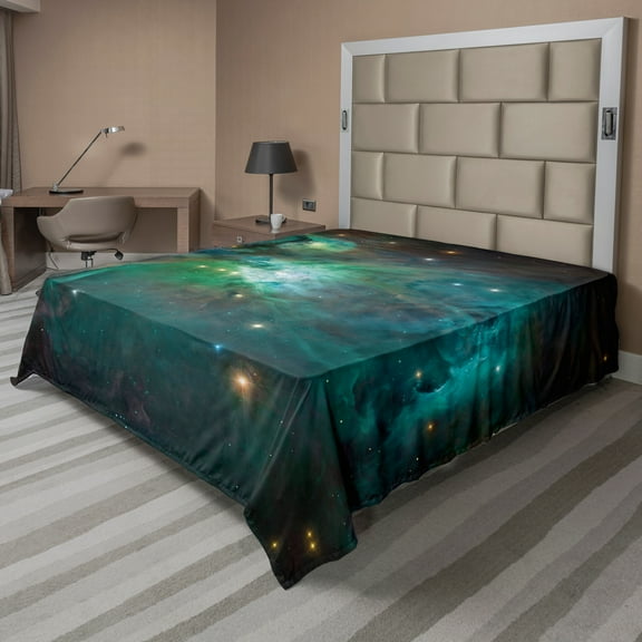 Ambesonne Space Flat Sheet, Nebula Star Dust Cloud, Queen Size, Teal Green