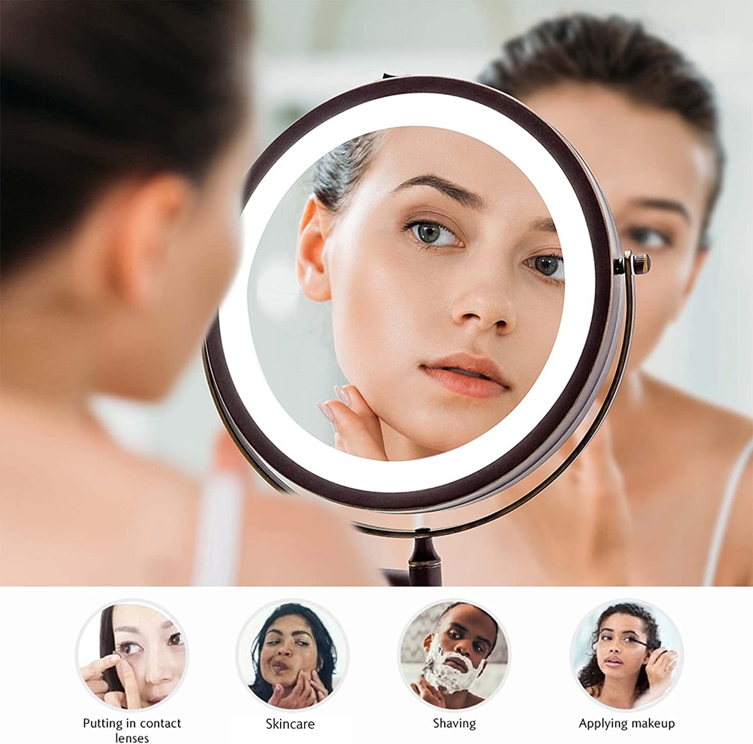 OVENTE Lighted Wall Mount Makeup Mirrors 8.5 Inch 1X 7X Magnifier Circular LED Double Side 360 Degree Extending Control Folding Arm Battery Powered Shave Vanities Large Antique Bronze MFW85ABZ1X7X