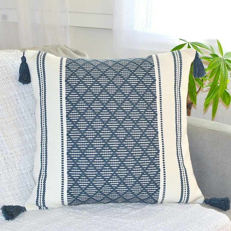 Decorative Throw Pillow Cover with Tassels, 18x18 Inches, Navy Blue/Cream, Boho Geometric Pillow Cover, Farmhouse Woven Rustic Pillow Case