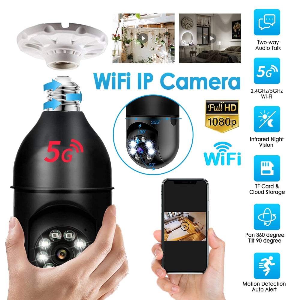 2.4GHz & 5GHz WiFi Smart Home Security Camera, 360°PTZ 1080P IP Camera Light Bulb Camera, Auto Tracking Full Color Night Vision Wireless Baby Monitor, Black