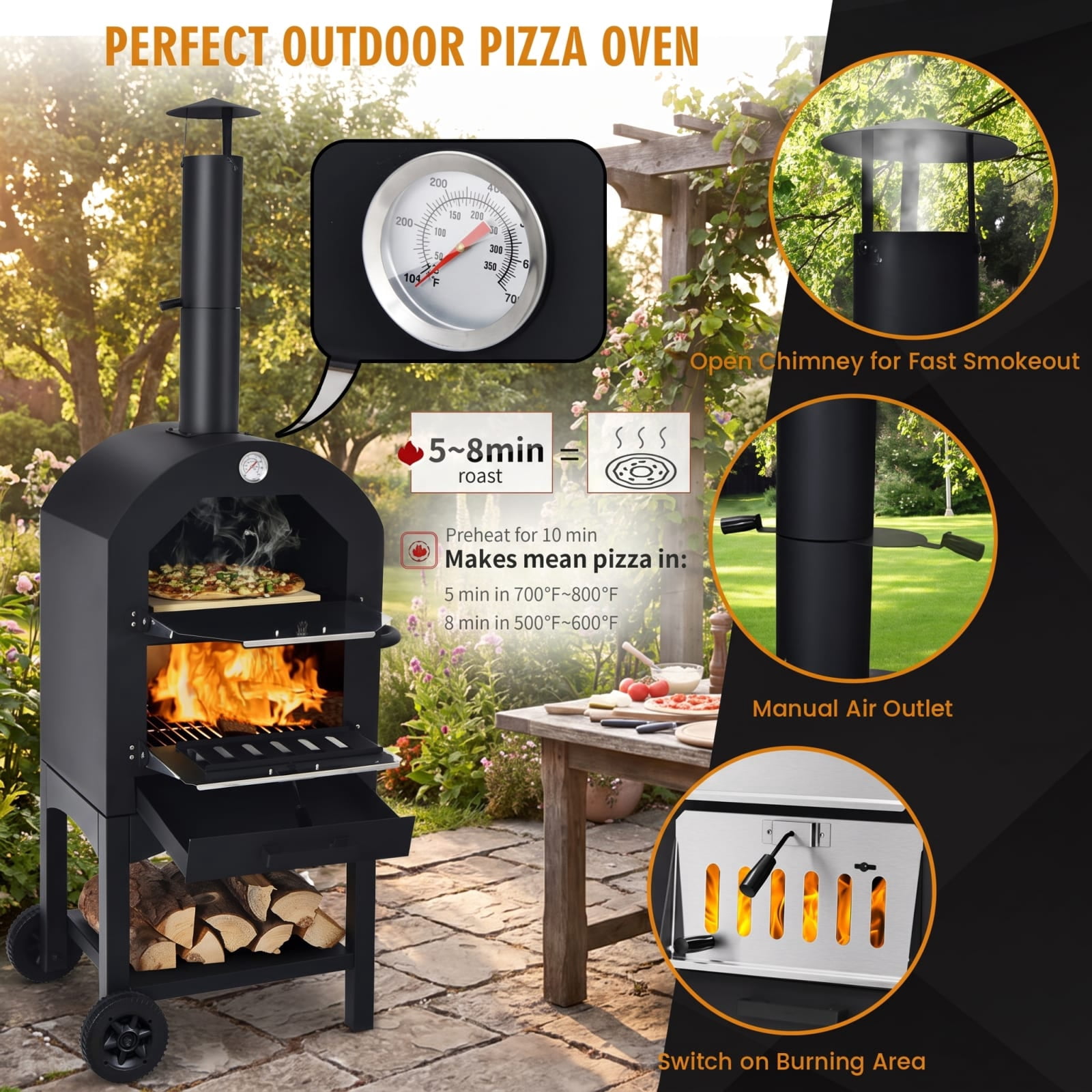 Biotree Portable Outdoor Pizza Oven with Pizza Stone and Waterproof Cover for Backyard Cooking, Black