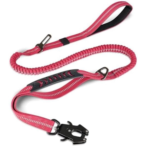 WAAYEE Tactical Dog Leash Heavy Duty, 4-6FT Shock Absorbing Bungee Lead with 2 Padded Handle, Metal Carabiner Clip, Car Seatbelt, Strong No Pull Leash for Medium Large X-Large Dogs, Hot Pink