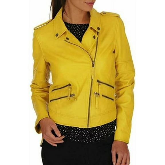 New Women's Yellow Lambskin Leather Jacket Stylish Slim Fit Motorcycle Jacket W432
