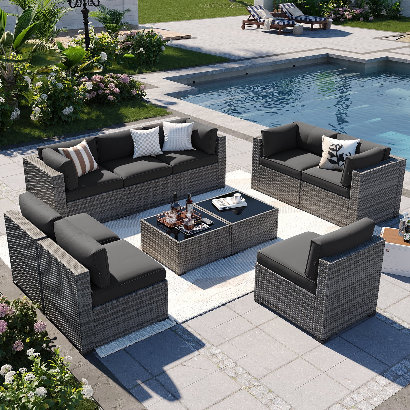 Aoxun 10 Piece Patio Furniture Set Wicker Rattan Patio Conversation Set Outdoor Sectional Sofa Set with Coffee Table and 4” Thickened Cushions, Black(Waterproof Cover Included)
