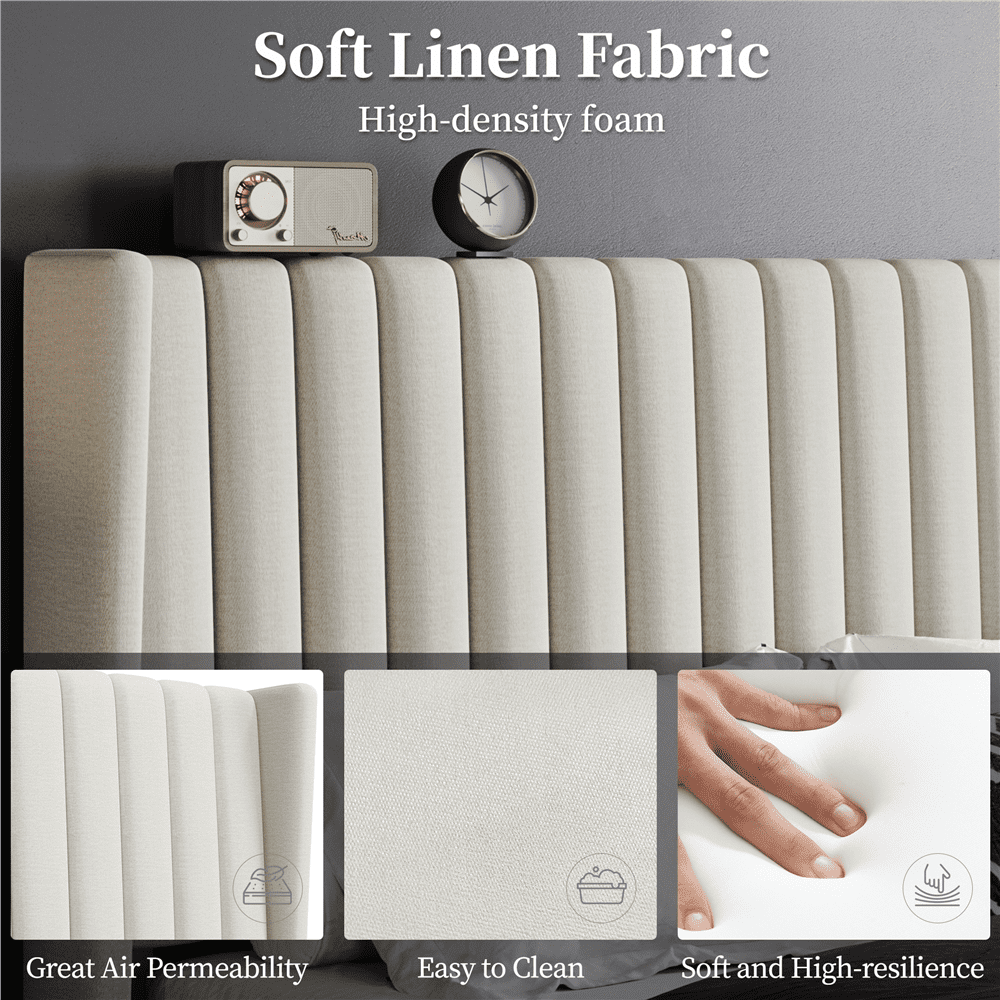 Fullfurnique Lit Rembourré avec Tête de Lit à Oreilles Design a Cannelures, Taille Queen, Ivoire