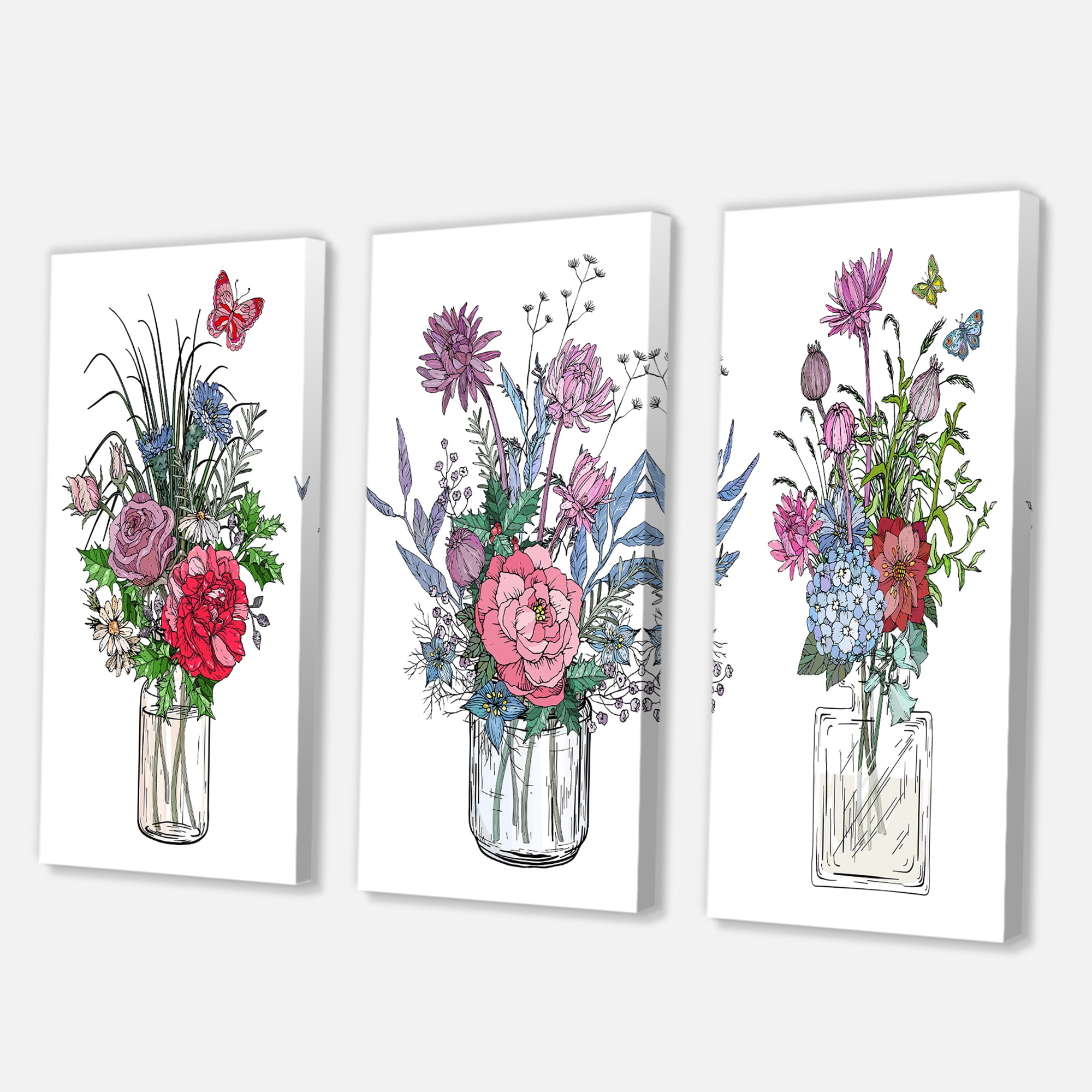 Designart ' Transparent Vases With Bouquets of Wildflowers I ' Farmhouse Canvas Wall Art Print
