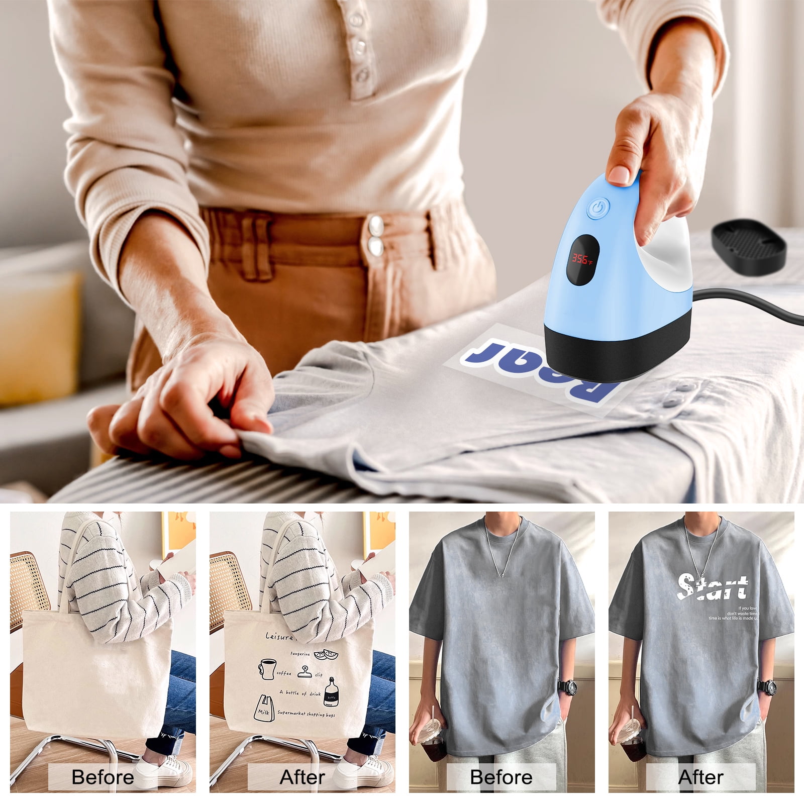 Mini Heat Press Machine, Mini Heat Transfer Iron, 3 Settings Levels & Visible Temp, Portable Press Easy for Crafts, T-Shirt, Hats, Shoes, Bags, Cap and Small Vinyl Projects (Blue)