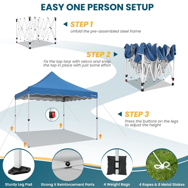 10x10 Heavy Duty Pop Up Canopy Tent - One Person Setup, UPF 50+, With Roller Bag, Sandbags & Stakes