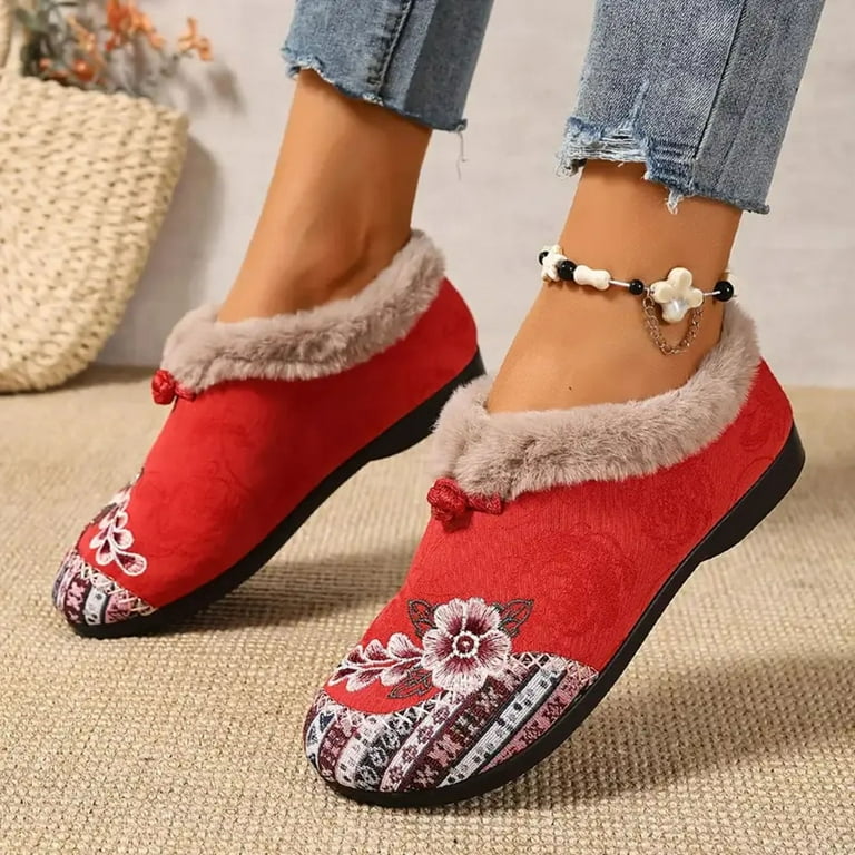 Winter Flats for Women Round Toe Splice Elegant Floral Embroidery Plush  Warm Slip on Dress Shoes Casual Low Top Walking Shoes Red Size 9.5