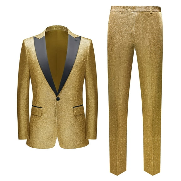 Tuxedo Suits for Men 2 Piece Regular Fit Suit sparkle Blazer Jacket Pants Men Suit Set for Wedding-Gold& Black