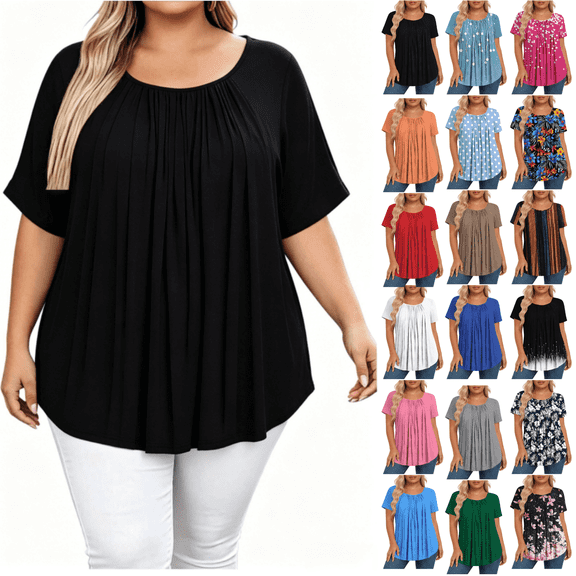 Feancey Womens Plus Size Tops 2026 Summer Short Sleeve Pleated Blouses Crew Neck Casual Floral Print T-Shirts Loose Fit Dressy Tee Shirt Black L
