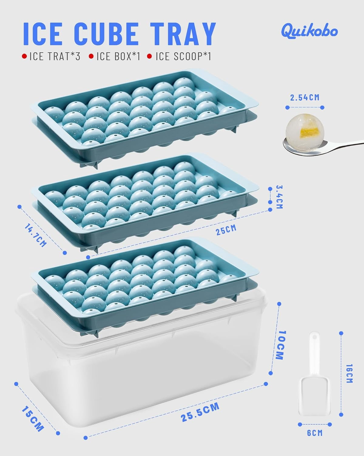 Ice Cube Tray with Lid & Bin Ice Ball Maker Mold for Freezer with Container Mini Circle Ice Cube Tray Making 99PCS Sphere Ice Balls (2.54cm/1 inch), 3 Trays 1 ice Bucket & Scoop