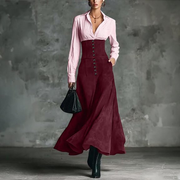 Bxsruta Womens Long Sleeve Shirt Dress Maxi Length Button Down Casual Workwear