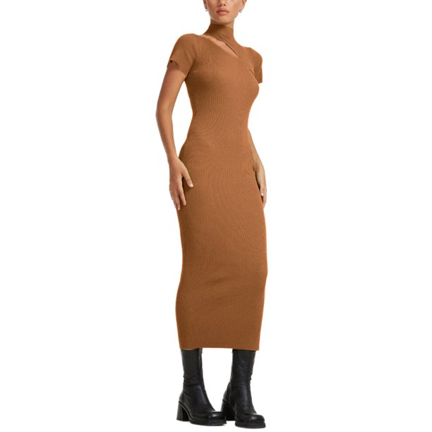 Txlixc Vestido de punto largo, cuello alto de manga corta Txlixc moda