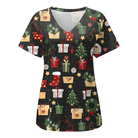 

Scrub Tops for Women Christmas Short Sleeve Shirts Relaxed-Fit V-Neck Classic Graphic Tees Printed Shirt Blouses Workwear