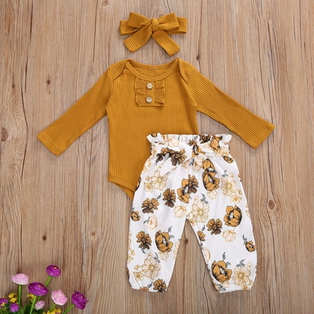 

One opening 3 PCS Baby’s Clothes O-Neck Long-Sleeves Rompers + Prints Tie-Waist Pants + Headband Girl