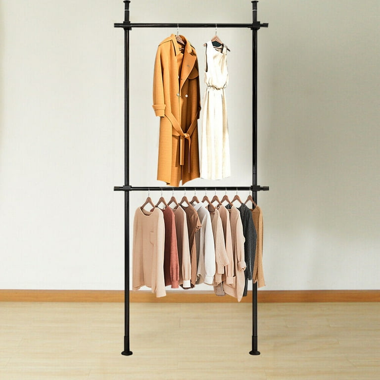 OUKANING 2 Tier Clothes Rack Adjustable Height Free Standing Household Stainless Steel Clothes Shelf Black