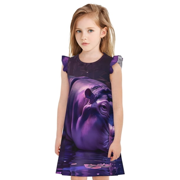 Fotbe Purple Hippo In Water Vestido de Dormir para Niñas de 3 a 10 Años, Mangas Cortas, Estilo Princesa, Pijama Camisón con Mangas Voladas-Small