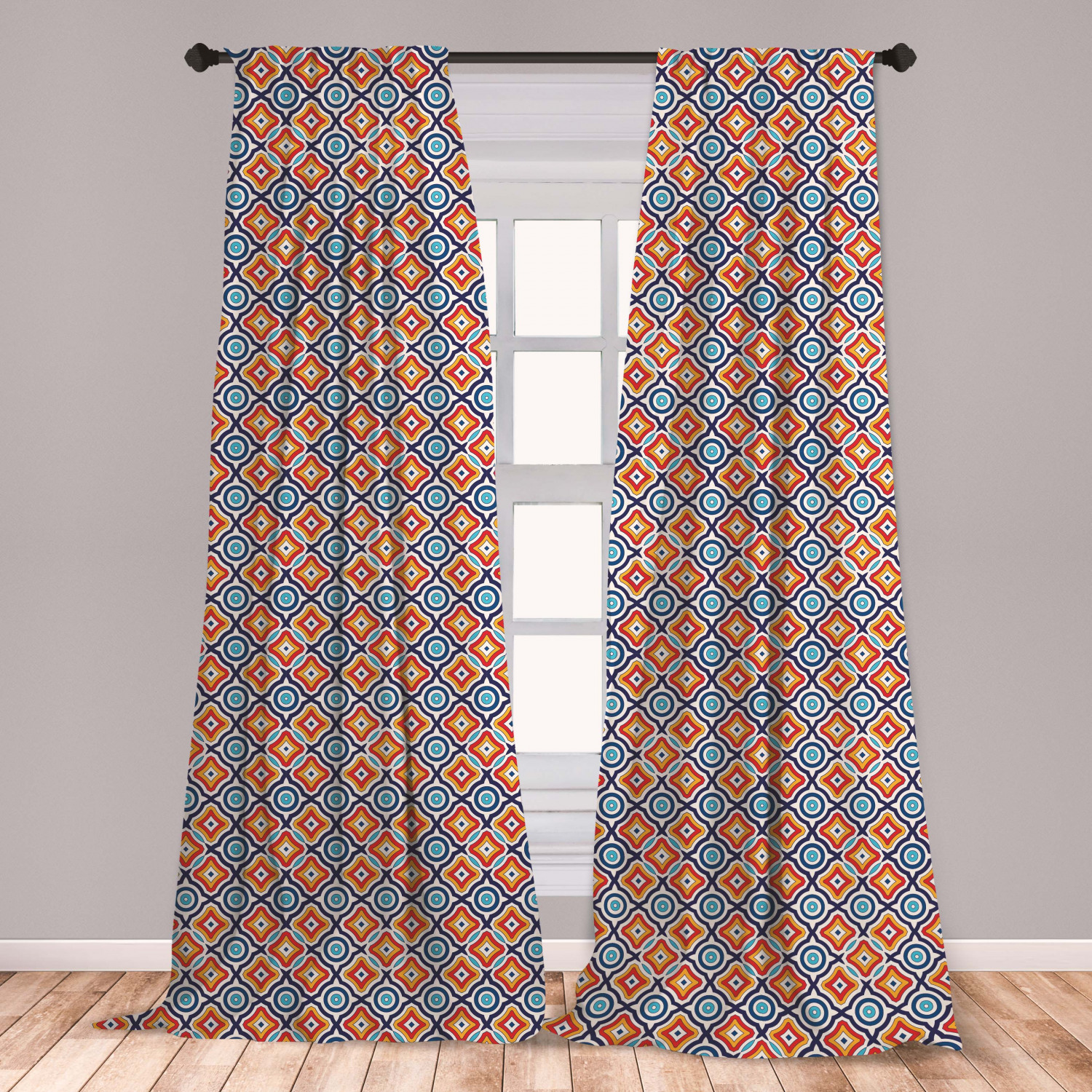 Ethnic Curtains 2 Panels Set, Oriental Geometric Composition with