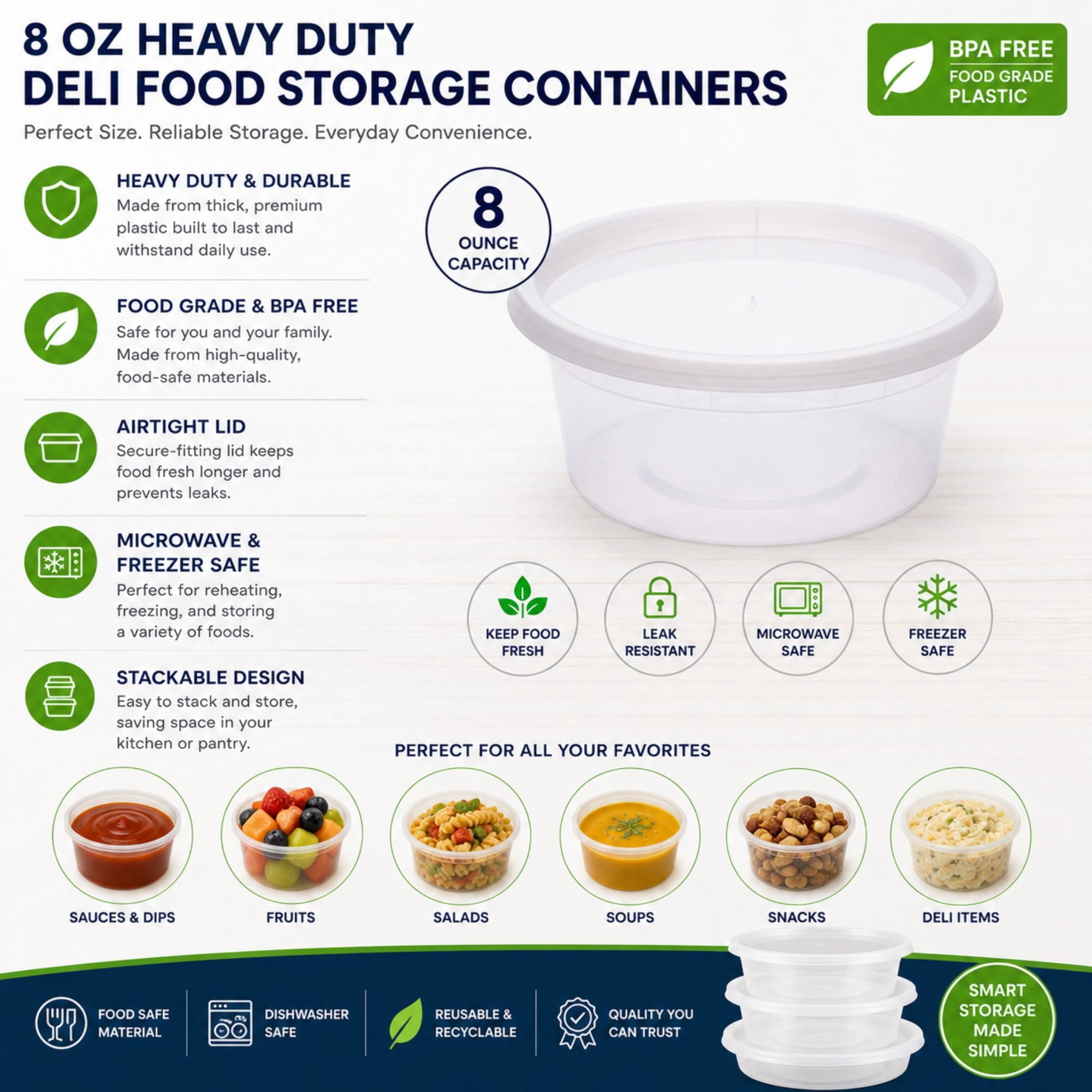 Heavy Duty 8 Oz Deli Food Storage Containers with Airtight Lids, BPA Free Leak Proof Plastic Meal Prep Containers, Clear, Set of 120